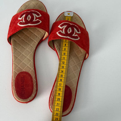 Chanel Leather CC Red Leather Mules Flat Slides