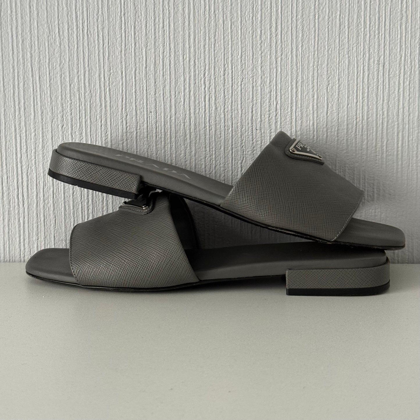 Prada Saffiano Leather Triangle Logo Sandals