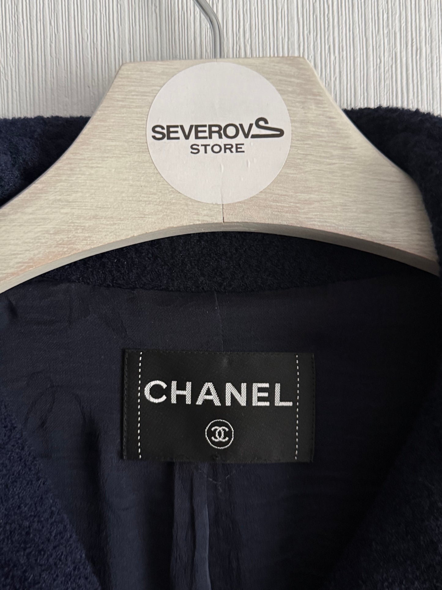 Chanel Wool Nylon Lion COCO Mark Button Jacket Coat Blouson Blazer Navy Blue