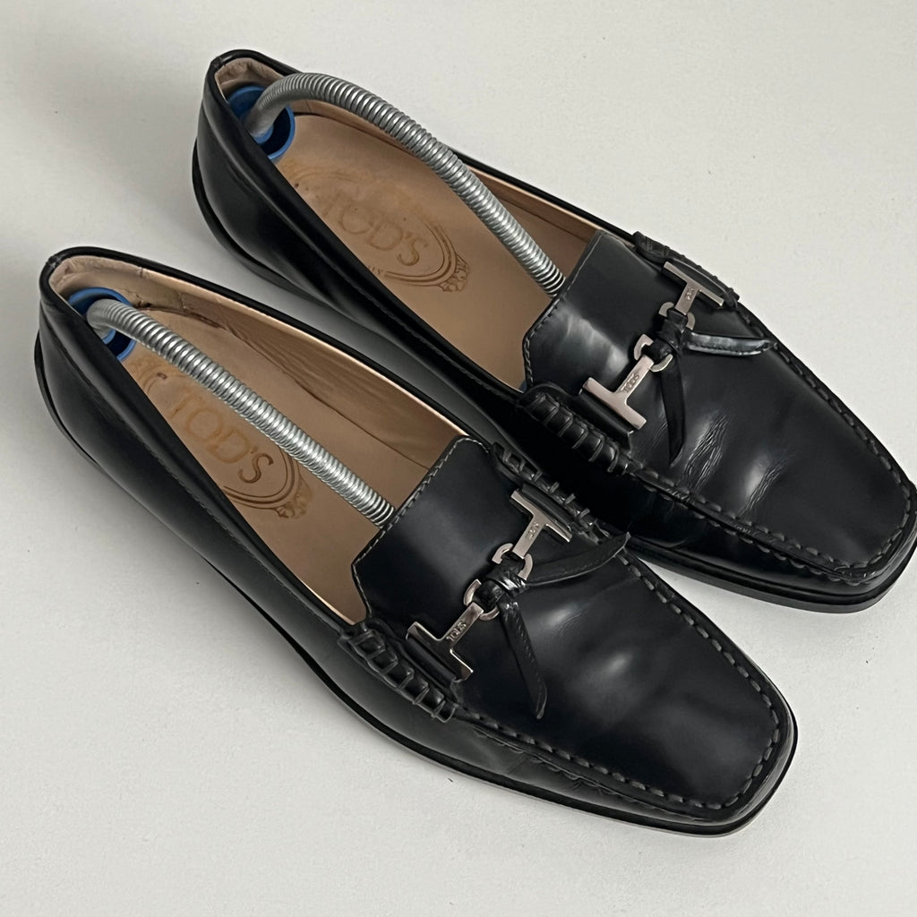 Tod's Patent Double T Black Leather Loafers Womens Shoes