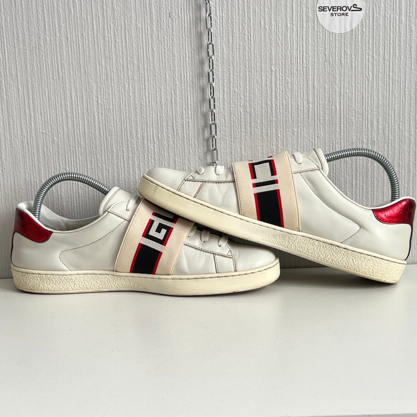 Gucci Ace Stripe Leather White Red Black Mens Sneaker