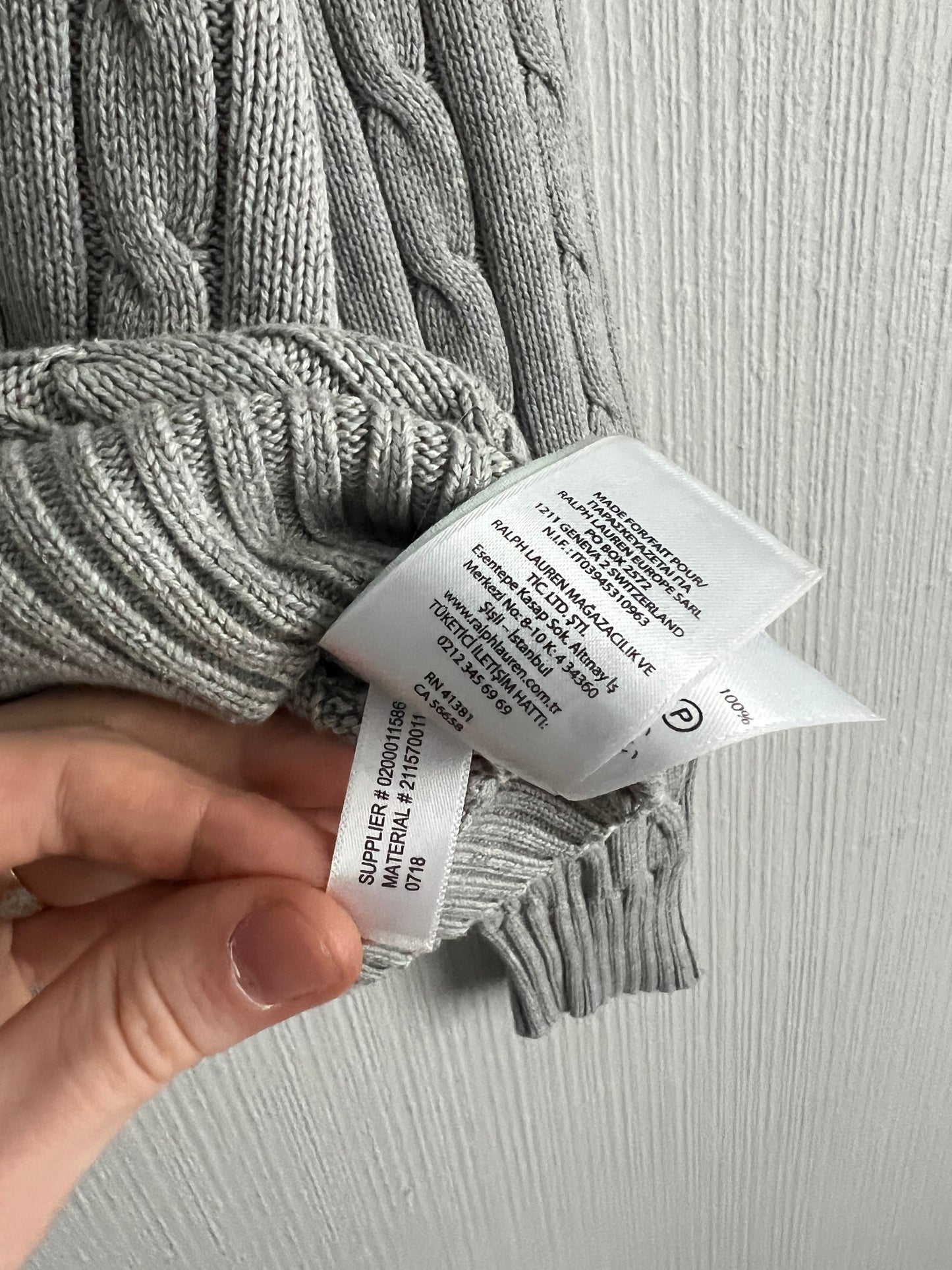 Polo Ralph Lauren Cable Knit V-neck Grey Cotton Sweater