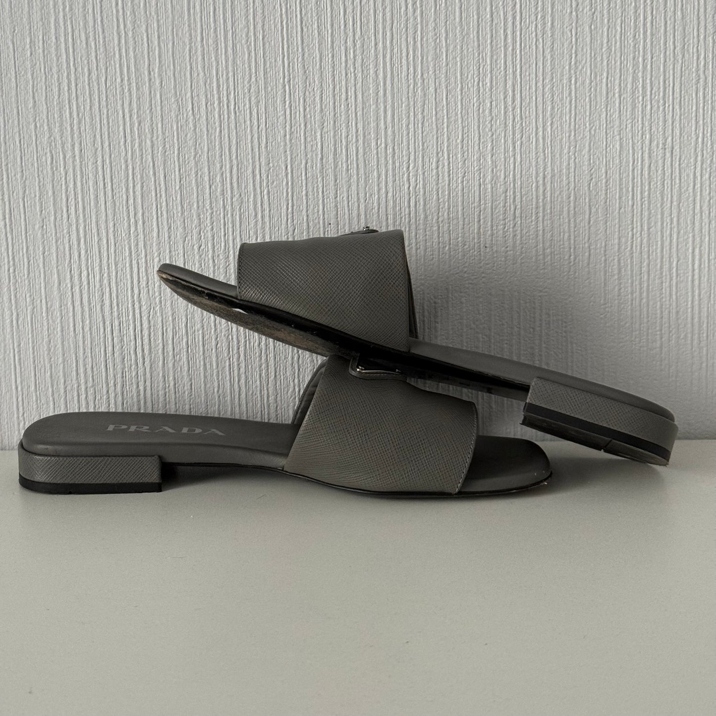 Prada Saffiano Leather Triangle Logo Sandals