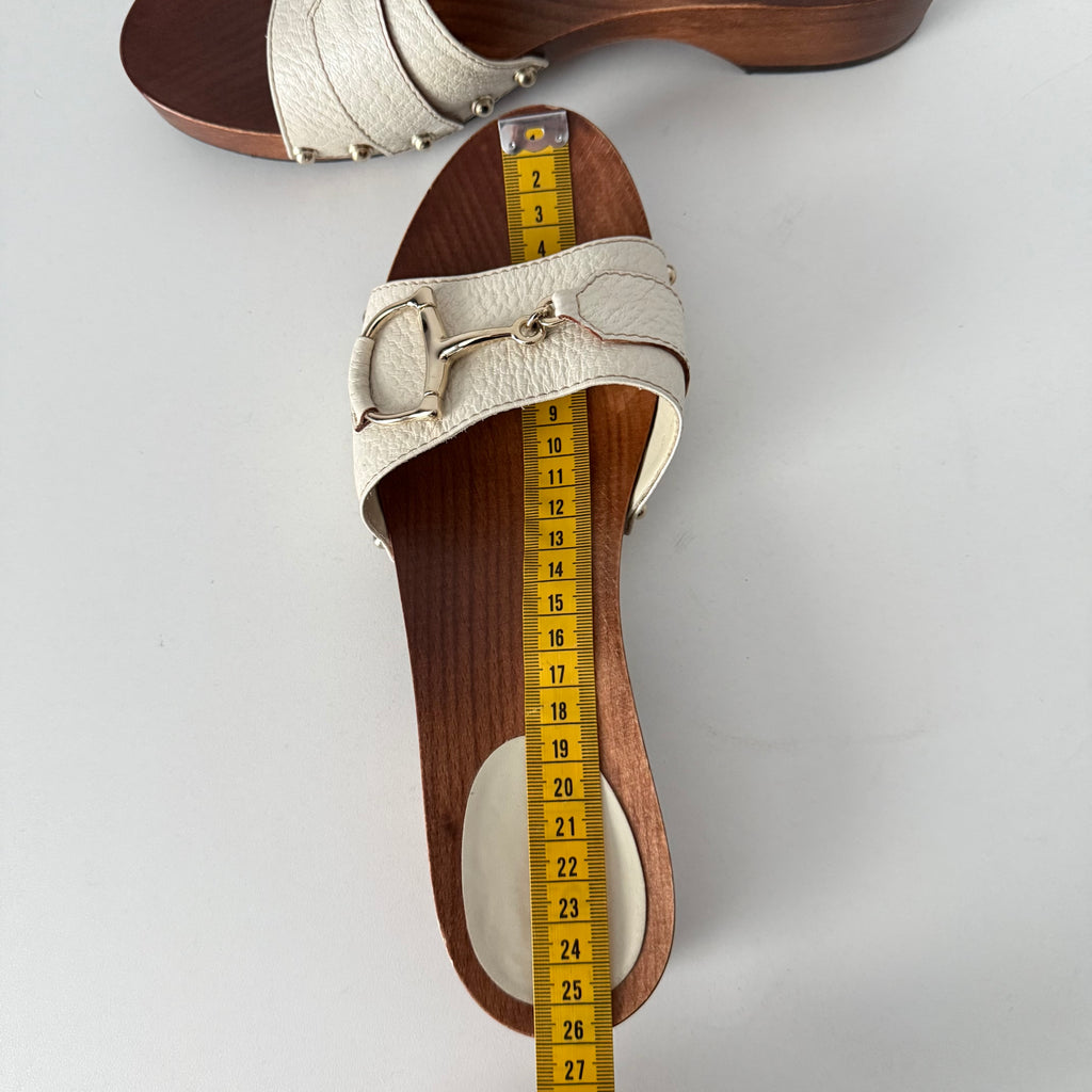 Gucci White Leather Horsebit Wooden Clogs Mules
