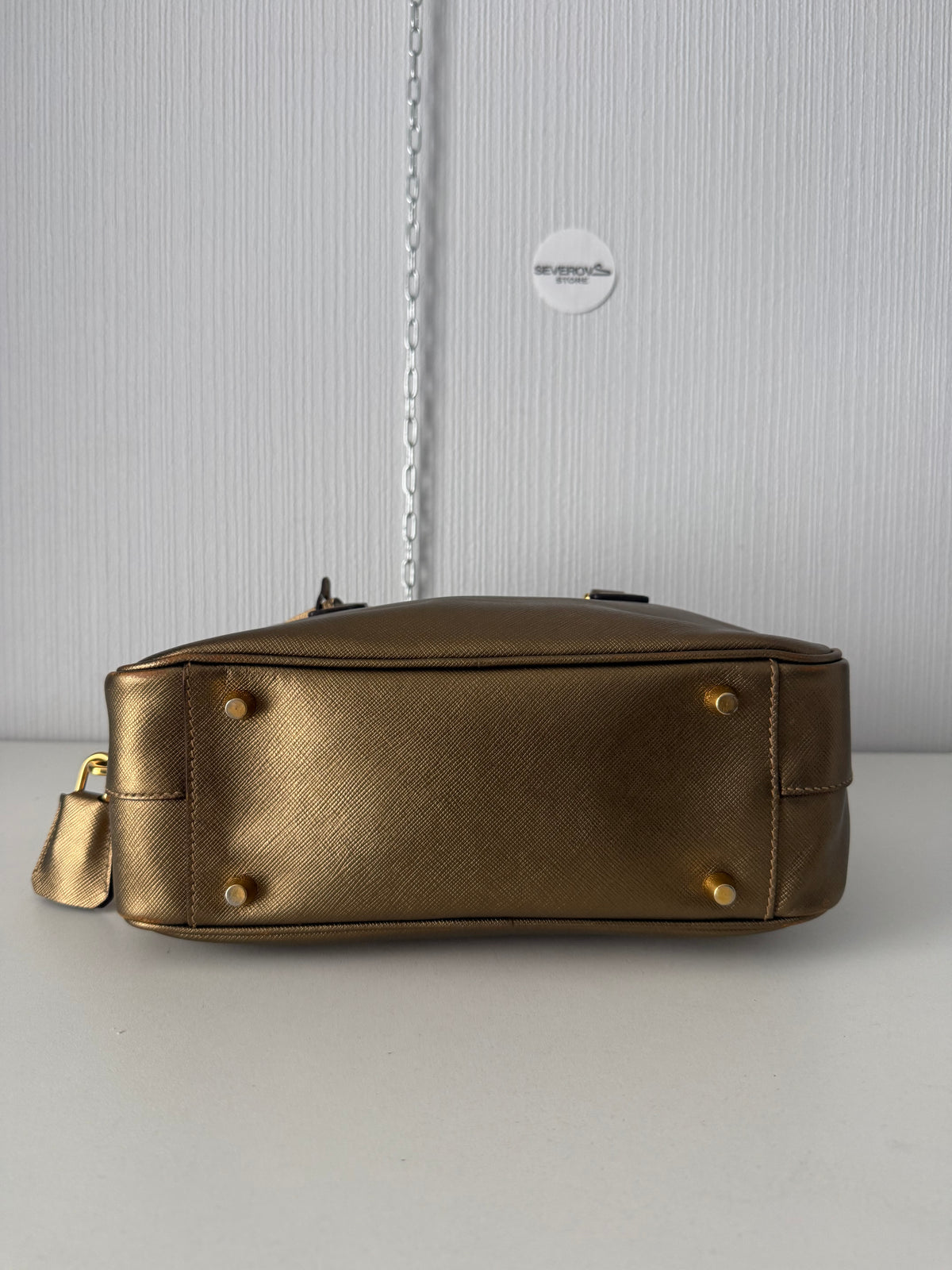 Prada Gold Saffiano Leather Top Handle Bowling Bag