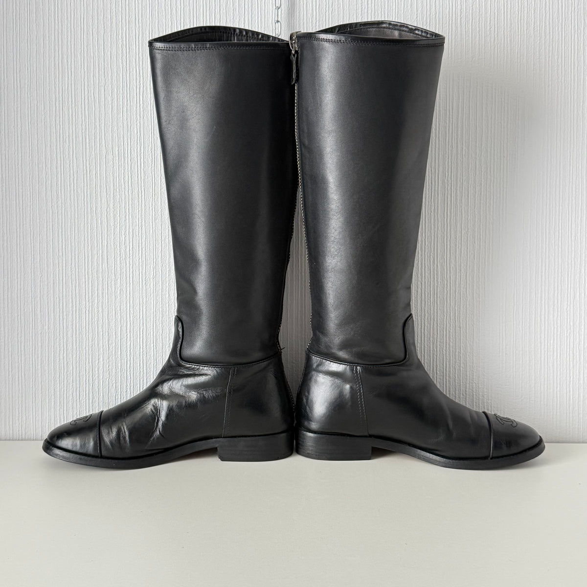 Chanel Black Calfskin Leather Knee-High Riding Boots