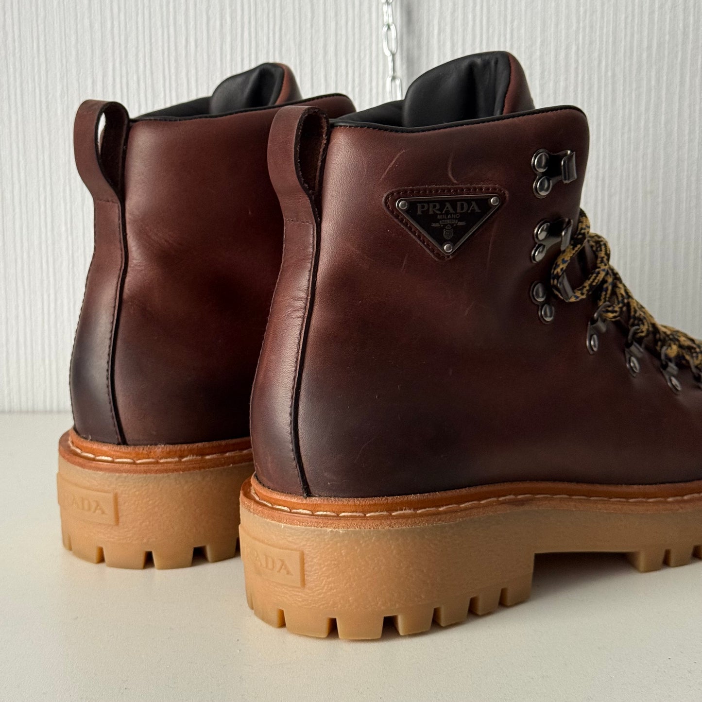 Prada Hike Laced Boots in Brown Leather