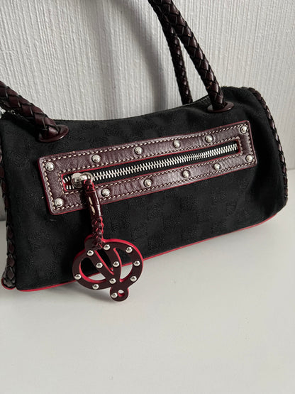 Loewe Black Canvas Anagram Brown Leather Shoulder Bag