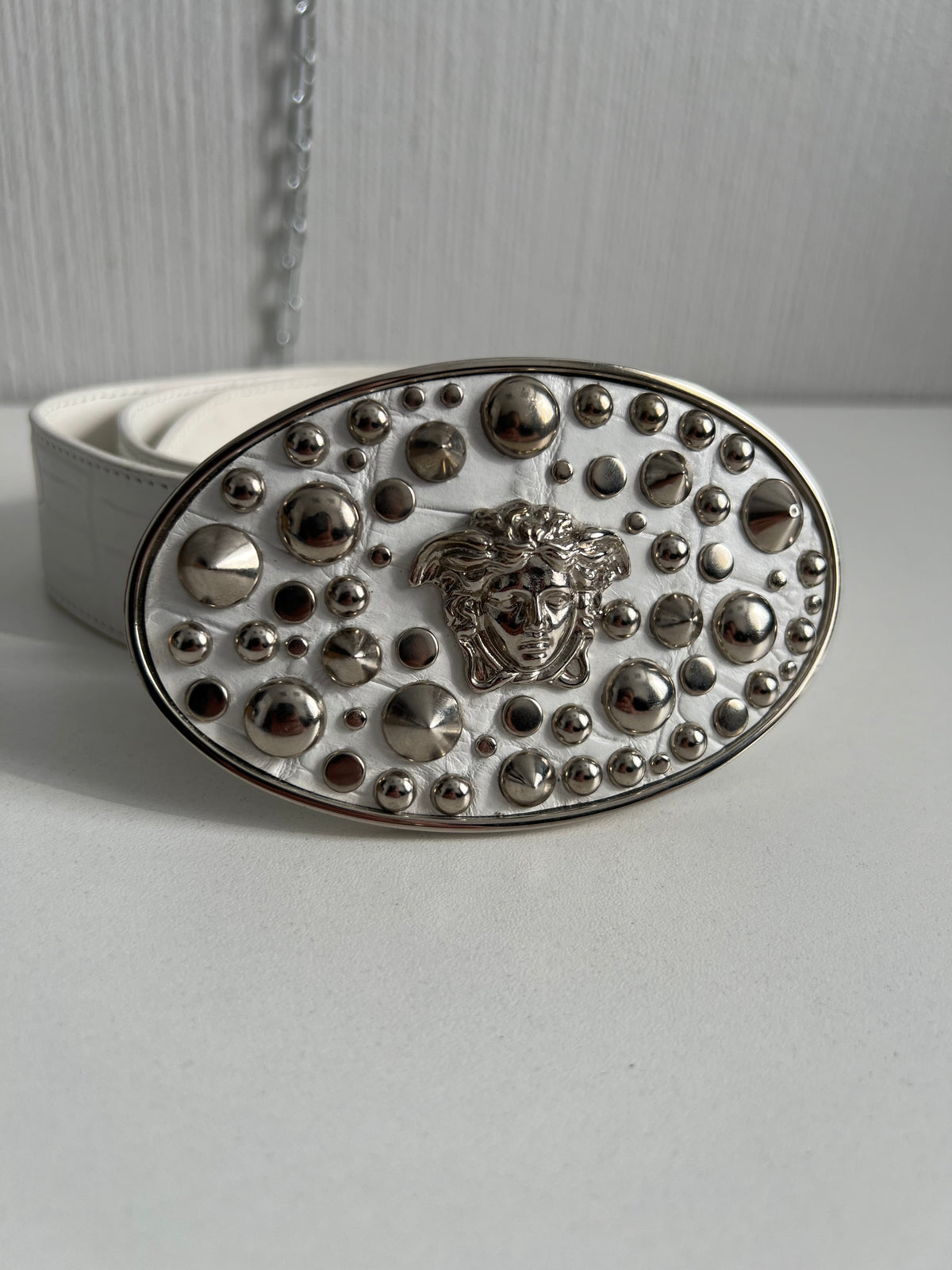 Versace Medusa Studded White Leather Belt