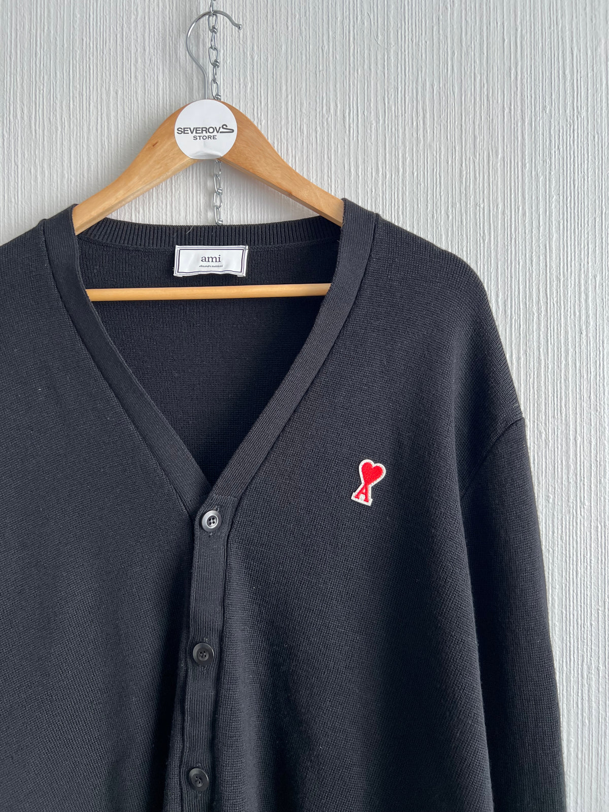 Ami Paris Black Merino Wool Unisex Cardigan