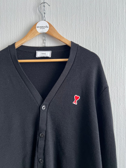 Ami Paris Black Merino Wool Unisex Cardigan