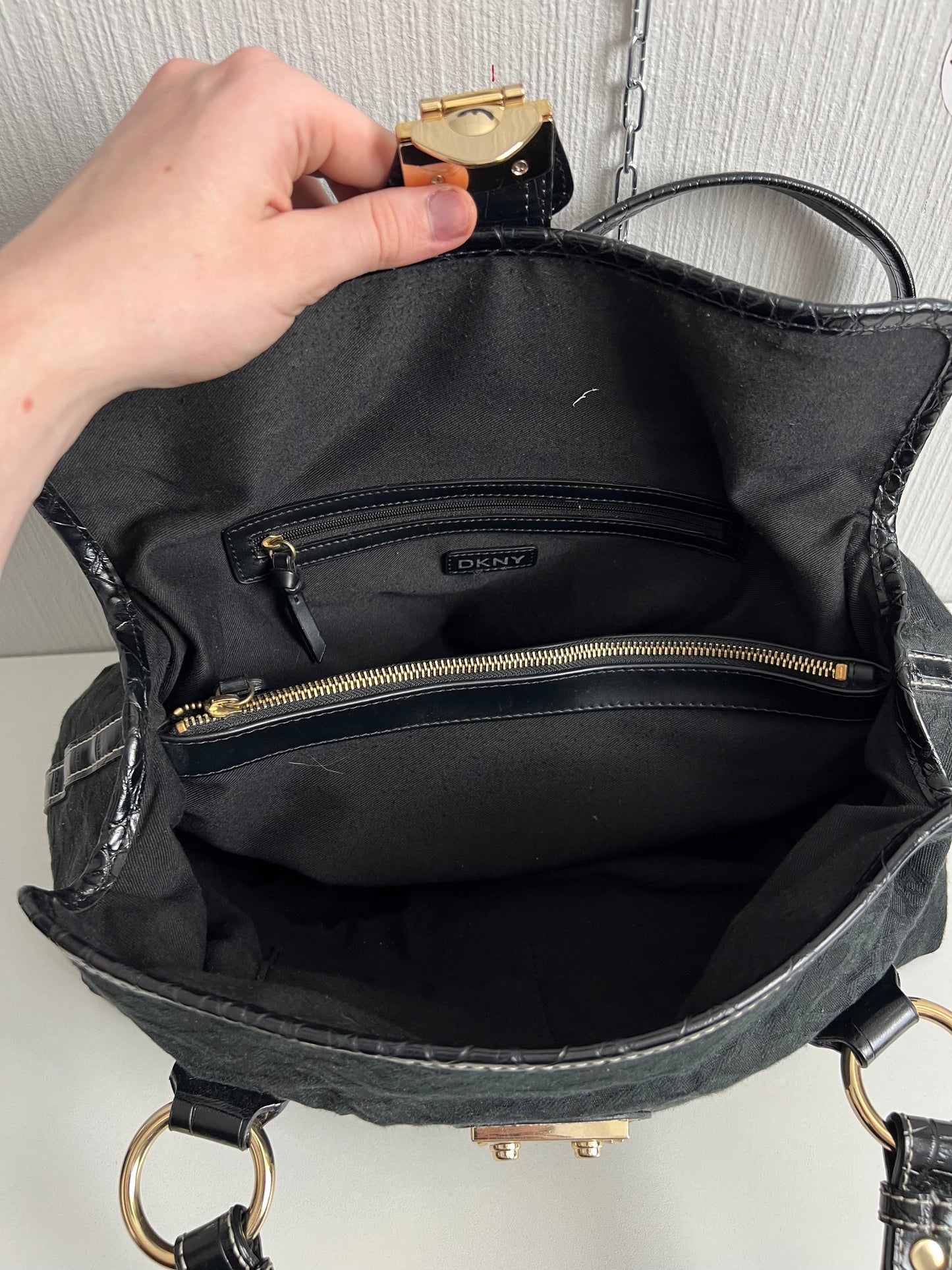 DKNY Vintage Black Monogram Bag with gold buckle