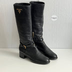 Prada Cervo Logo Knee High Black Leather Riding Boots