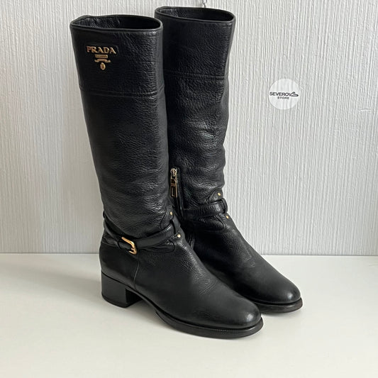 Prada Cervo Logo Knee High Black Leather Riding Boots