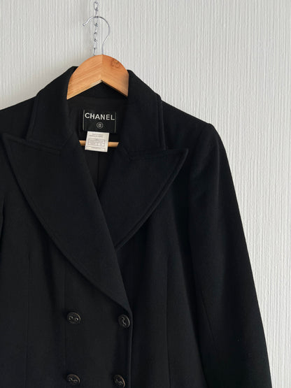 Vintage 2001 Chanel Double Breasted Black Cashmere Silk Lined Coat