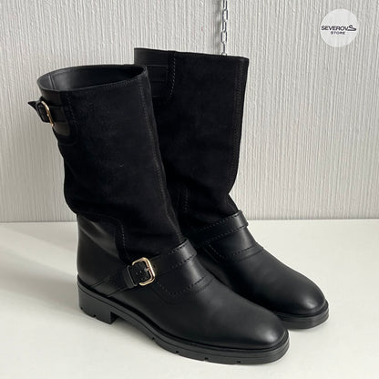 Tod's Black Leather and Suede Fibbie Mid Calf Biker Boots