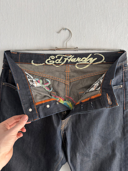 Ed Hardy Dragon Embroidered Blue Denim Jeans