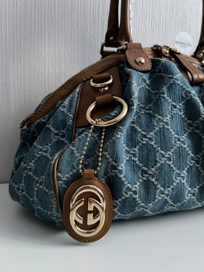 Gucci Blue Denim GG Denim Sukey Medium Handbag Satchel Bag