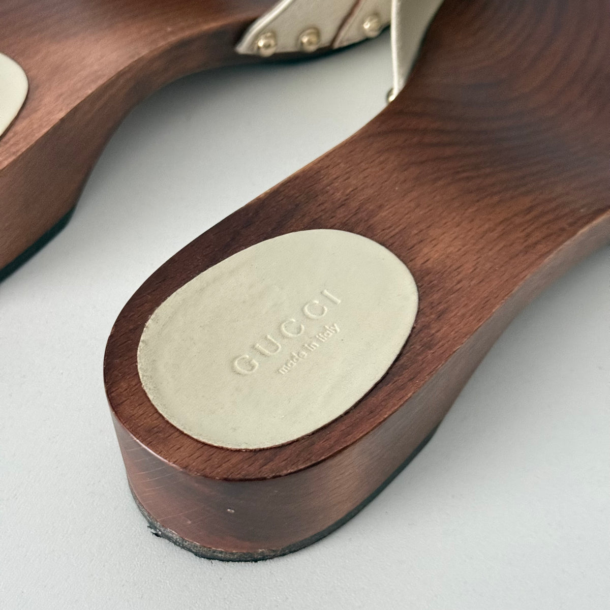 Gucci White Leather Horsebit Wooden Clogs Mules