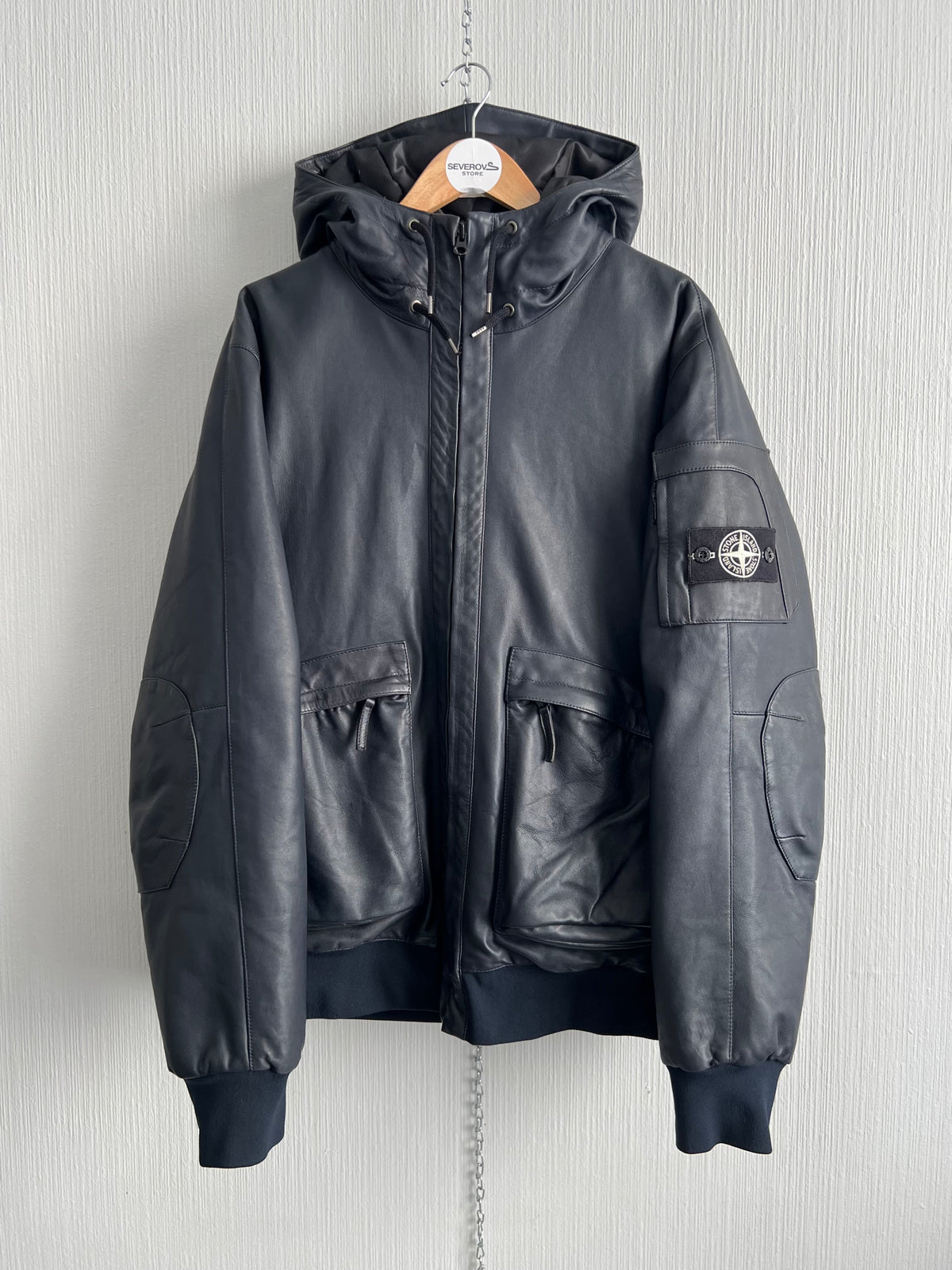 Stone Island AW10 Midnight Blue Leather Bomber Down Jacket