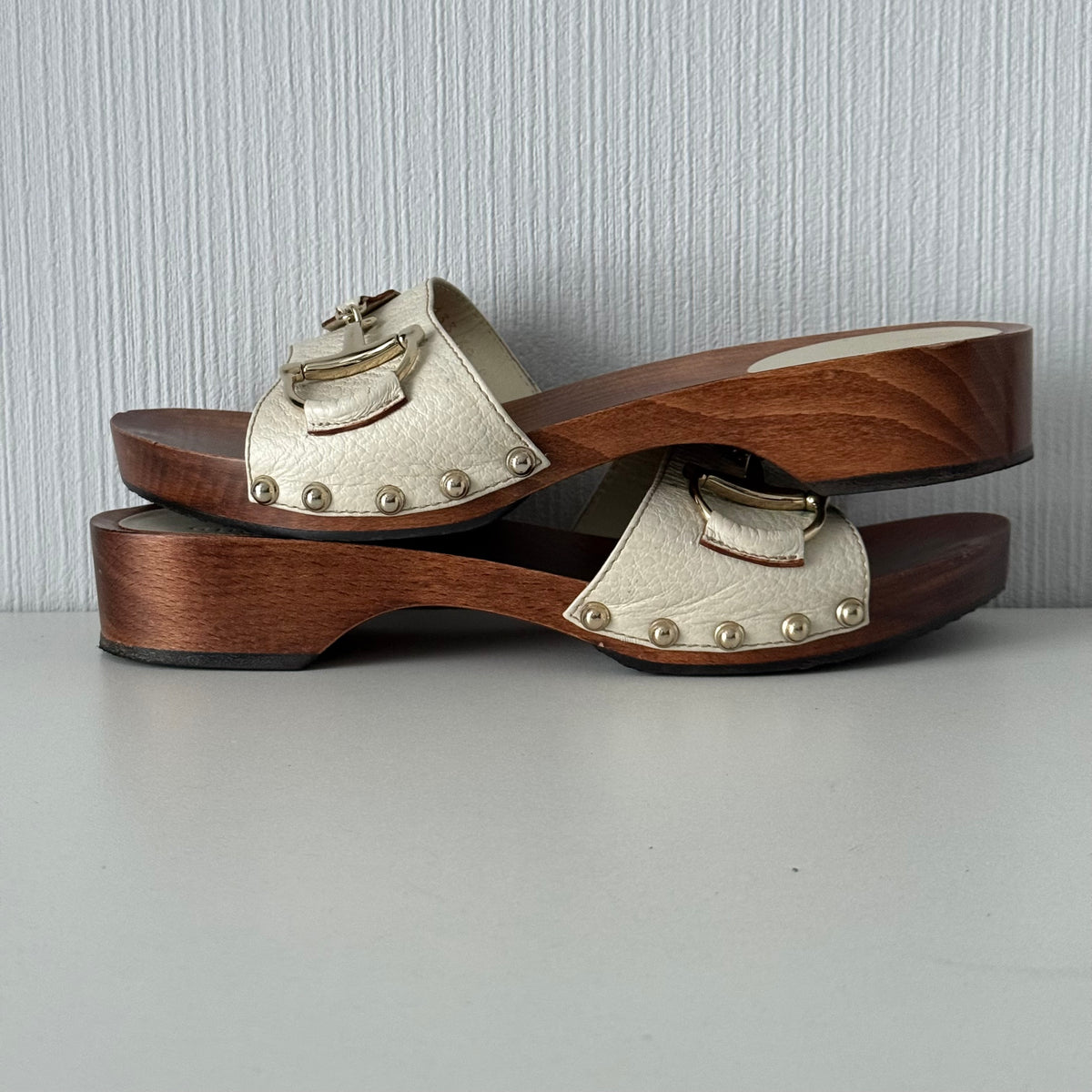 Gucci White Leather Horsebit Wooden Clogs Mules