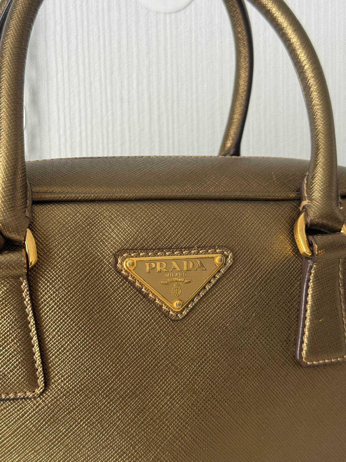 Prada Gold Saffiano Leather Top Handle Bowling Bag