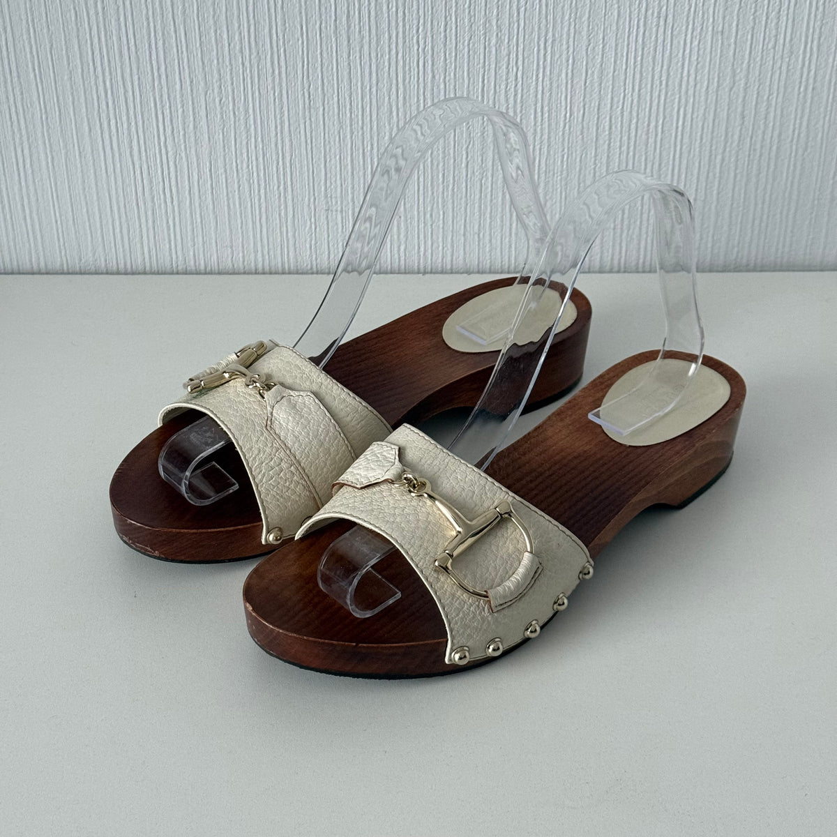 Gucci White Leather Horsebit Wooden Clogs Mules