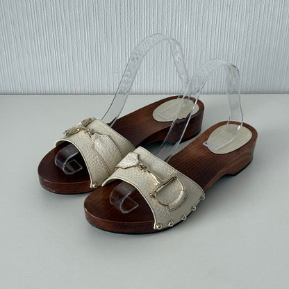 Gucci White Leather Horsebit Wooden Clogs Mules