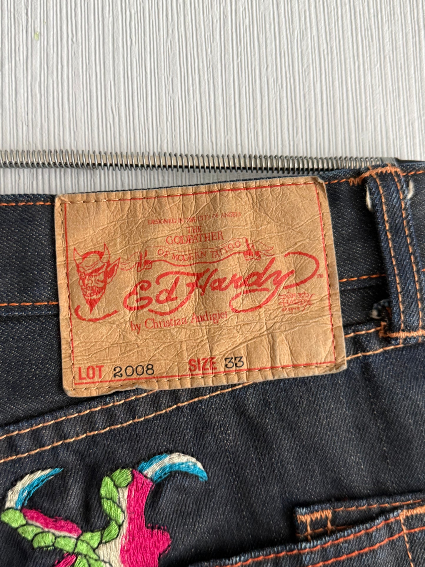 Ed Hardy Dragon Embroidered Blue Denim Jeans