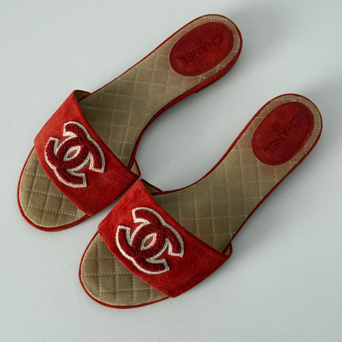 Chanel Leather CC Red Leather Mules Flat Slides