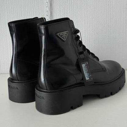 Prada Triangle Logo Brushed Leather Ankle Boots