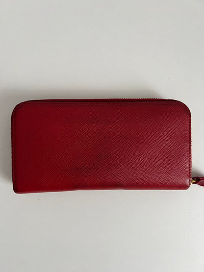 Prada Red Saffiano Leather Zip Around Wallet