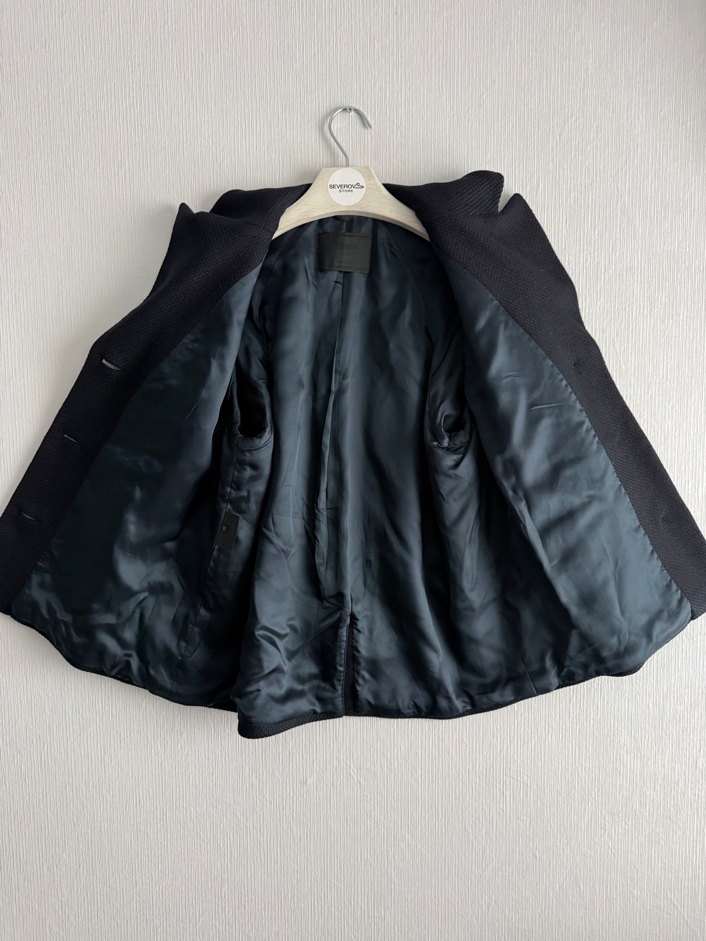 Prada Wool Woven Womens Black Pea Coat