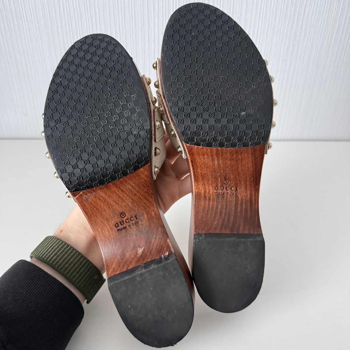 Gucci White Leather Horsebit Wooden Clogs Mules