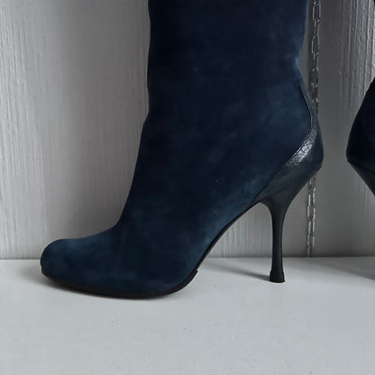 Gucci Blue Suede Chain-Link Accents Heels High Women’s Boots
