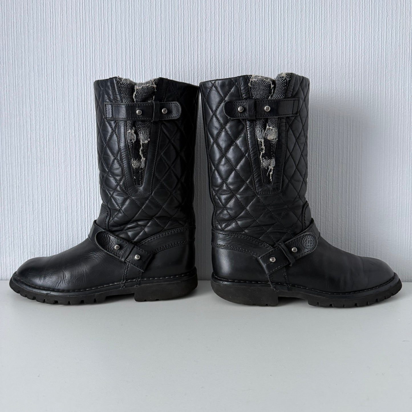 Chanel Quilted Leather & Knit Boots
