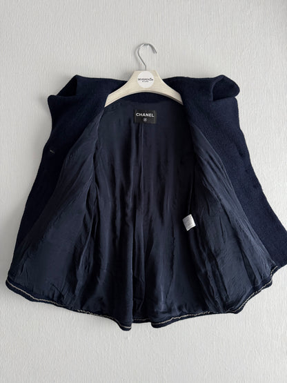 Chanel Wool Nylon Lion COCO Mark Button Jacket Coat Blouson Blazer Navy Blue