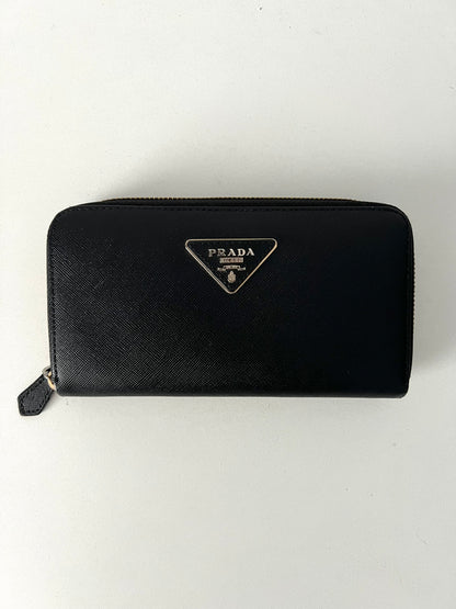 Prada Black Saffiano Leather Zip Around Wallet