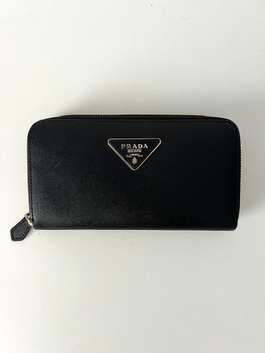Prada Black Saffiano Leather Zip Around Wallet