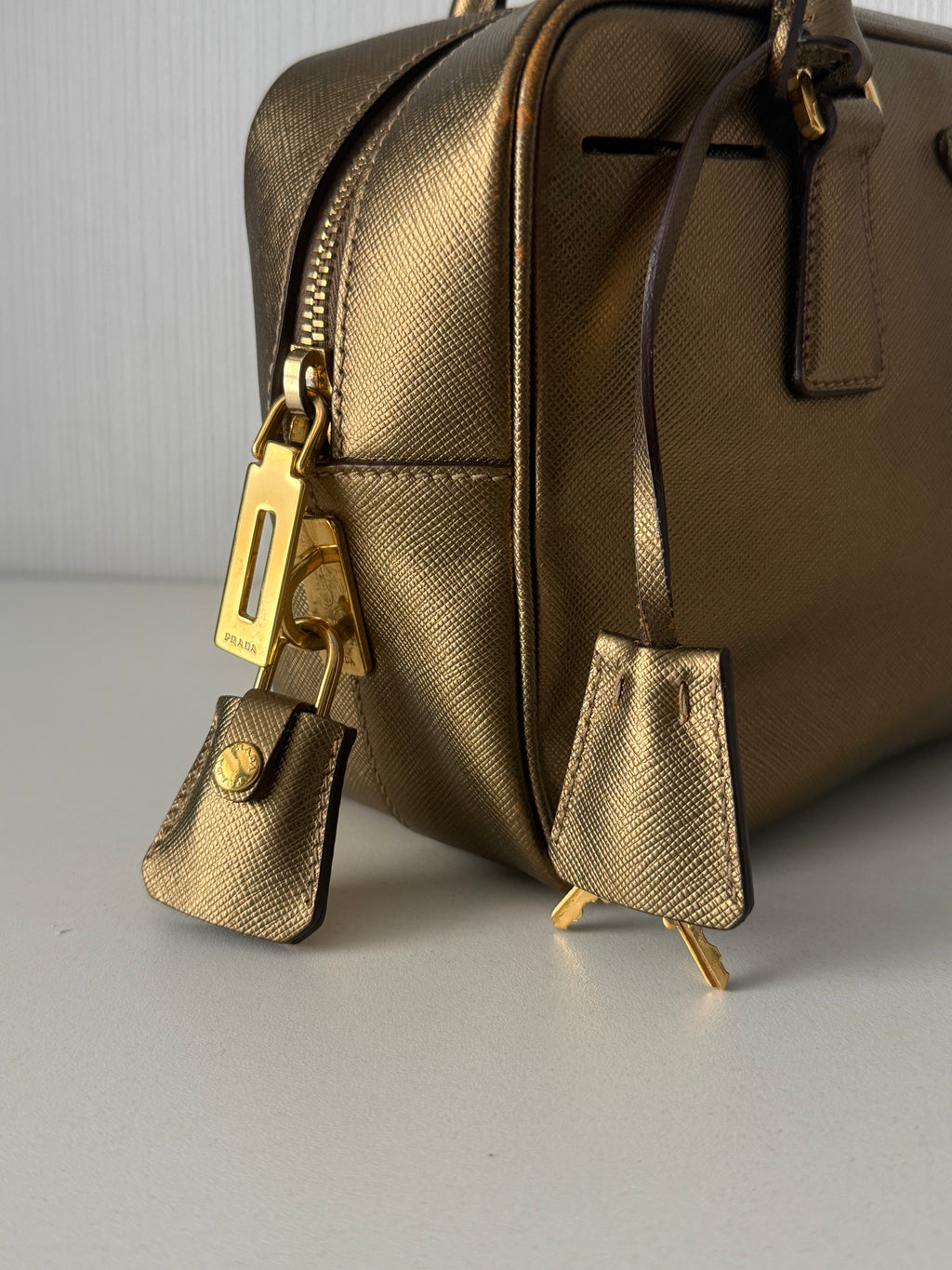 Prada Gold Saffiano Leather Top Handle Bowling Bag