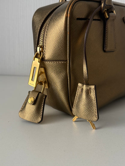Prada Gold Saffiano Leather Top Handle Bowling Bag