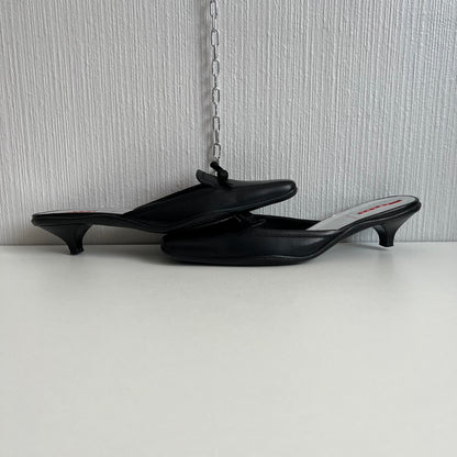 Prada Black Leather Kitten Heel Mules Shoes