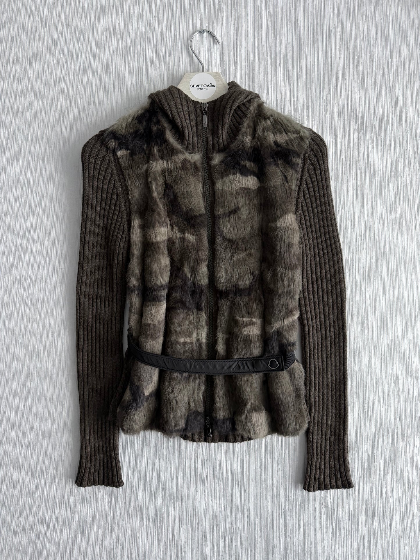 Moncler FW18 Rabbit Fur Camo Zip Up Cardigan Sweater