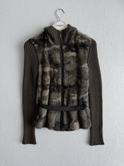 Moncler FW18 Rabbit Fur Camo Zip Up Cardigan Sweater