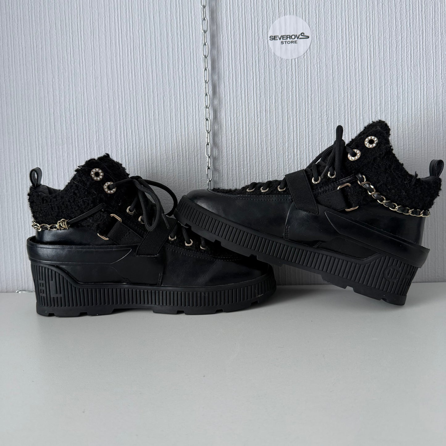 Chanel Chain Sneaker Black Leather Shoes