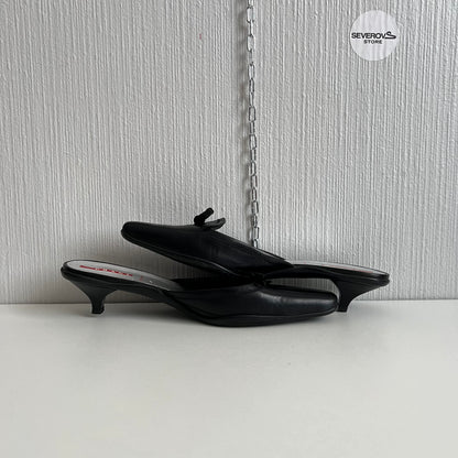 Prada Black Leather Kitten Heel Mules Shoes