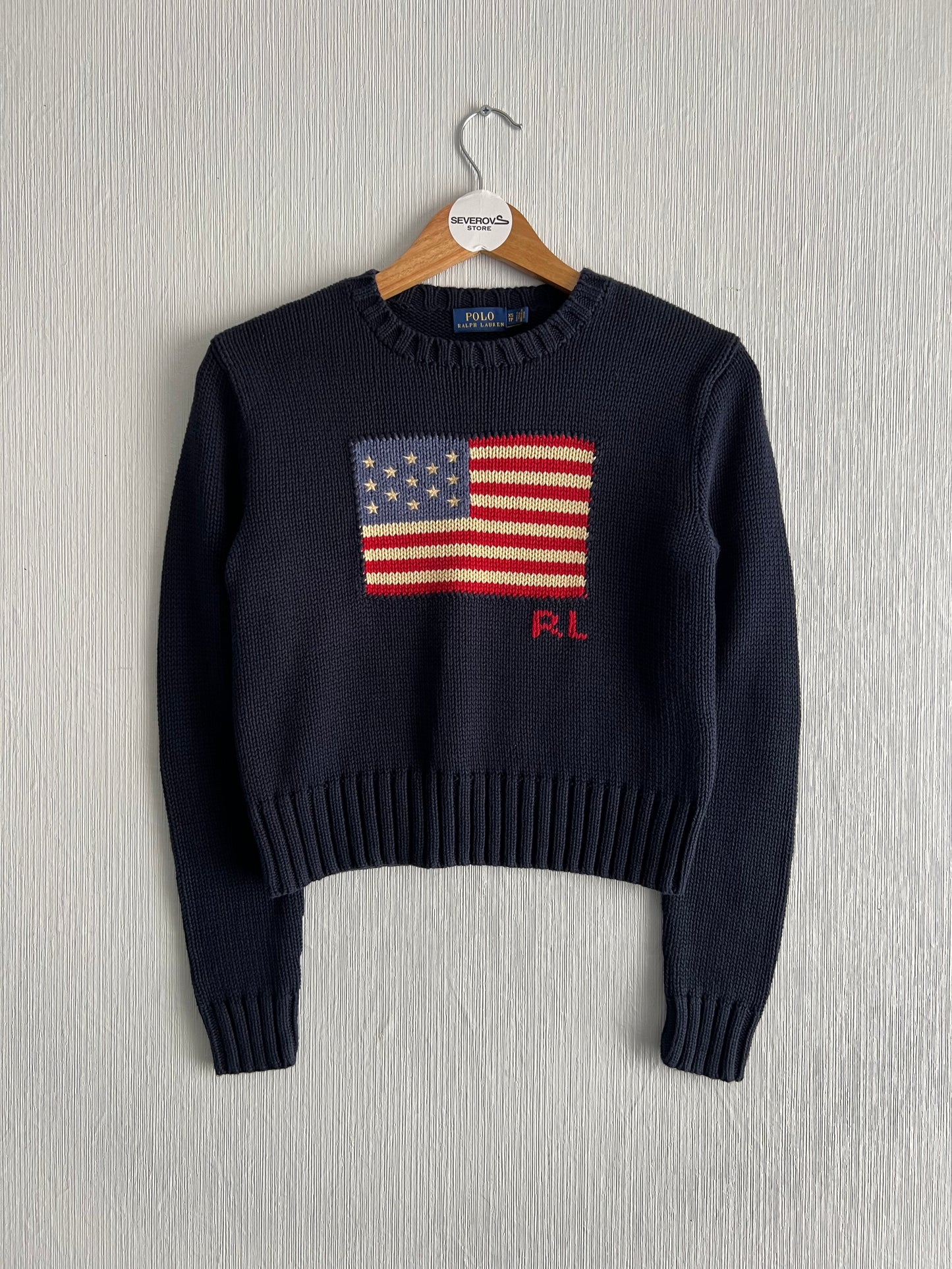 Polo Ralph Lauren American Flag Heavy Knit Navy Cotton Sweater