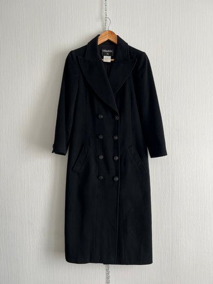 Vintage 2001 Chanel Double Breasted Black Cashmere Silk Lined Coat