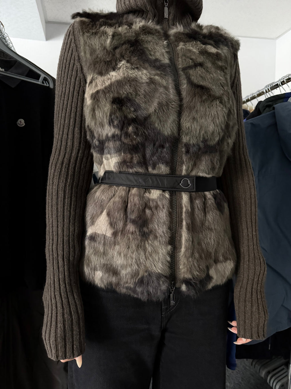 Moncler FW18 Rabbit Fur Camo Zip Up Cardigan Sweater