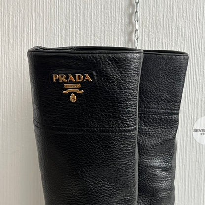 Prada Cervo Logo Knee High Black Leather Riding Boots